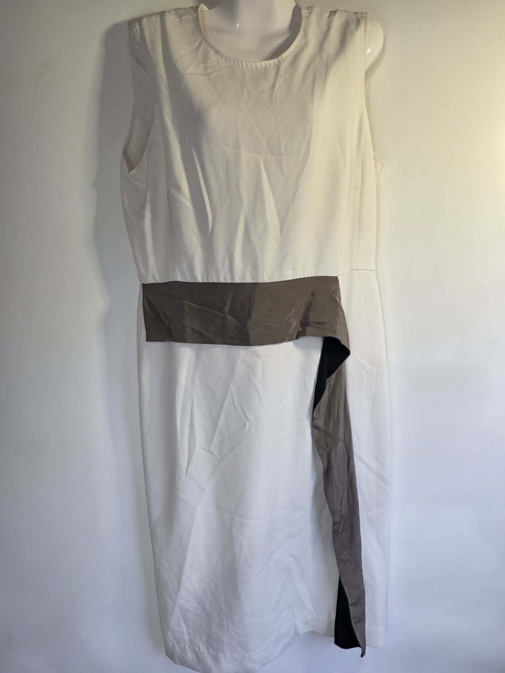 MaxMara White Midi Dress with Taupe Sash Size 14